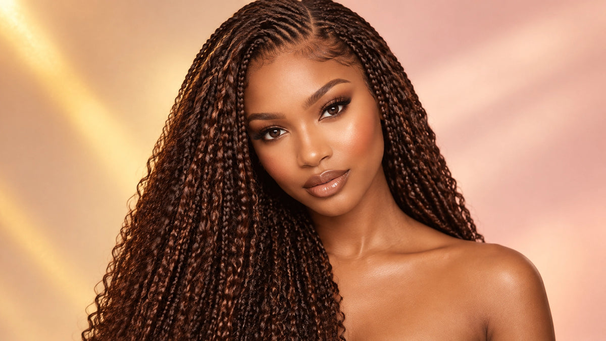 Confident Black woman wearing a long brown braided wig in a soft autumn beauty setting