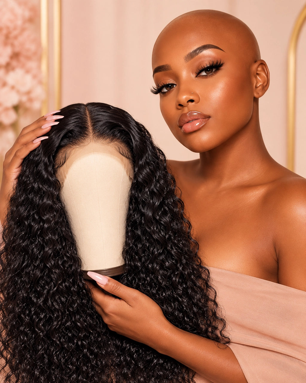 Confident Black woman with a shaved head holding a premium glueless wig in a soft luxury beauty setting