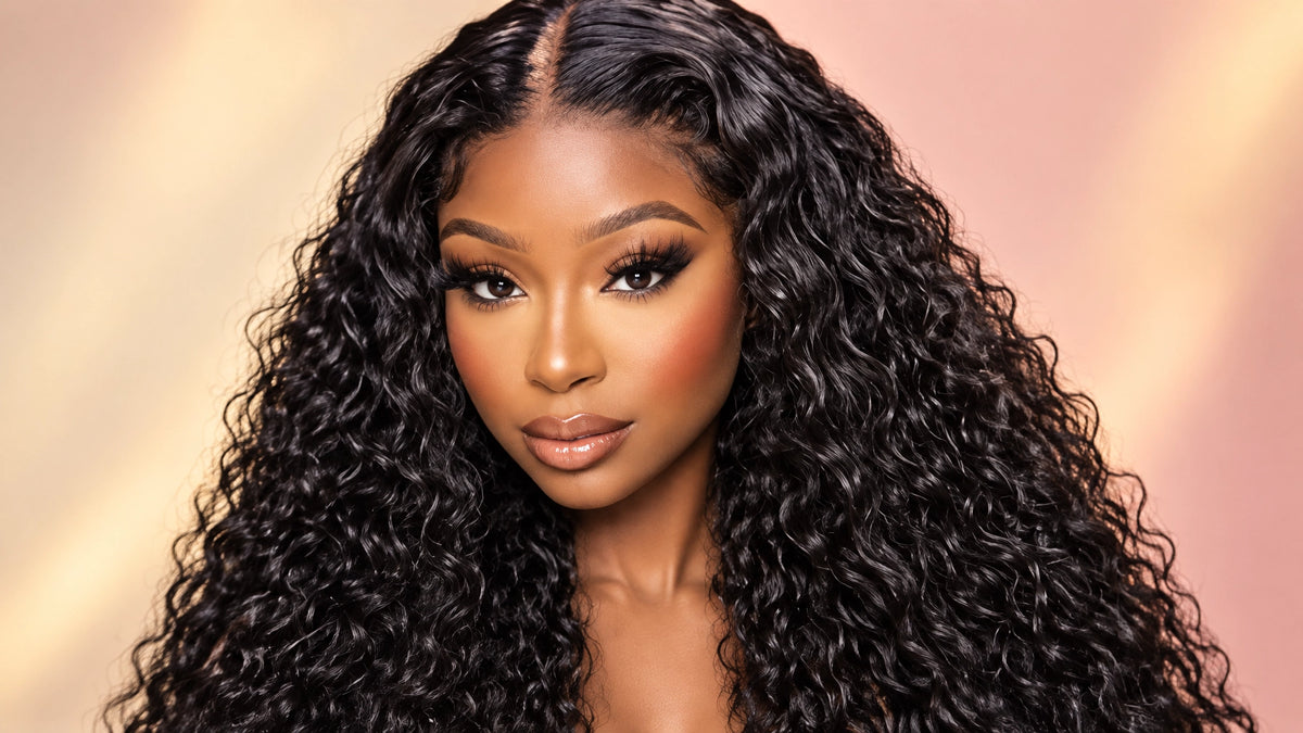 Confident Black woman wearing a natural-looking curly wig in a soft luxury beauty setting