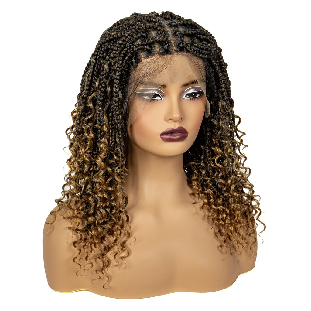 Knotless Box Braided Wigs with Curly Ends Synthetic Full Lace Braided Lace Wigs Short Boho Braided Bob Wigs for Black Women