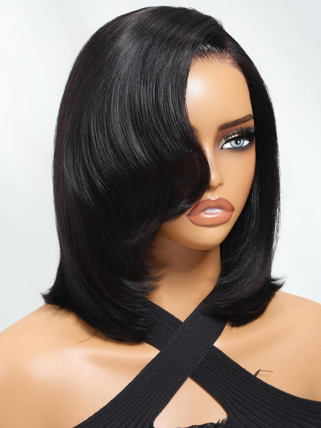 10 Inch Short Layered Bob Drawstring Wig Human Hair with Side Swept Bangs Bye Bye Knots 7X5 Lace Closure Glueless Wigs Human Hair Pre Plucked Pre Cut Read to Wear