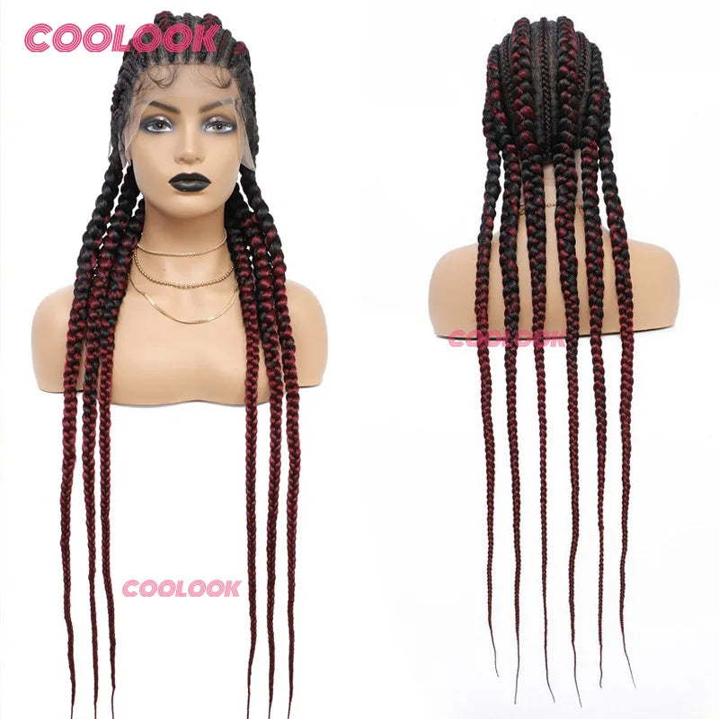 36" Full Lace Front Wig Jumbo Box Braid Wigs with Baby Hair Knotess Lace Front Wig Synthetic Braided Wigs for Women African