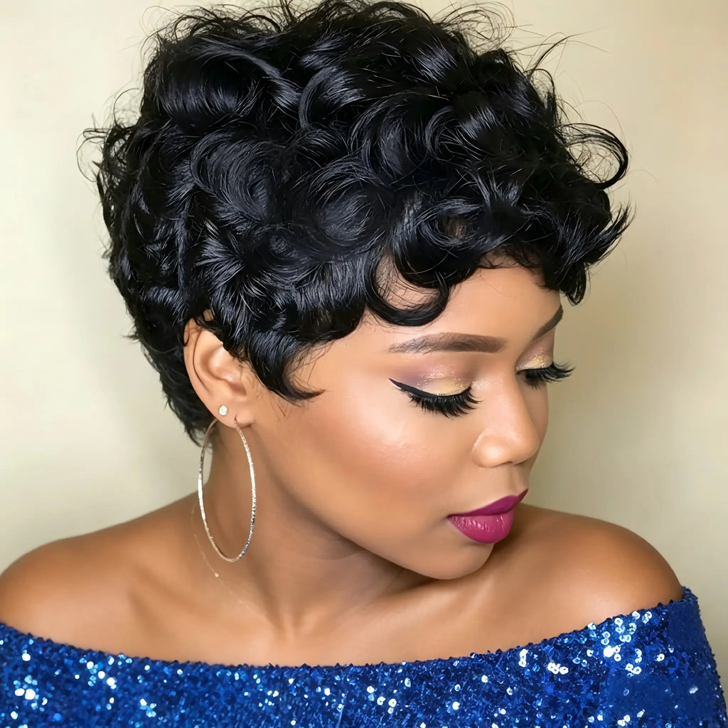 Anaya's Beauty Synthetic Wavy Pixie Wig – Heat-Resistant Black Hair with Full Curls for Everyday Wear, Special Occasions, and Cosplay – Versatile Hairpiece for Fashion Enthusiasts and Mothers