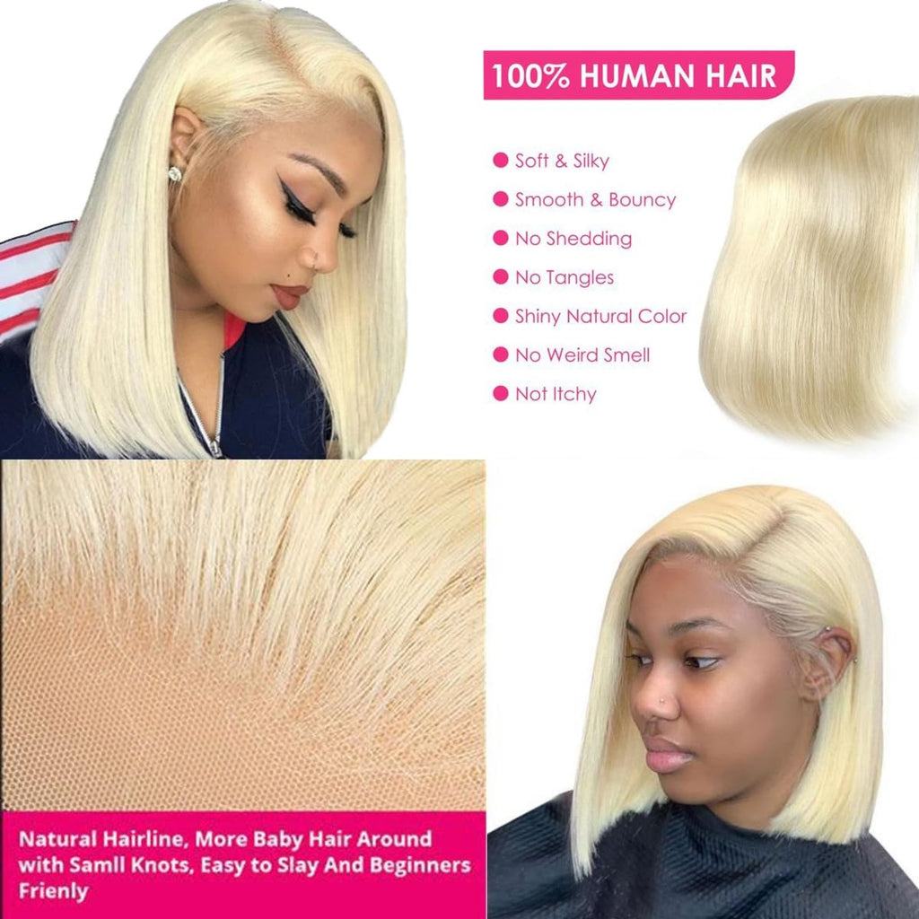 Blonde Bob Wig Human Hair Straight 613 Bob Wig Human Hair 12 Inch 180 Density 613 Blonde Suitable for All Hair Types 13X4 HD Transparent Lace Wigs for Women Glueless Wigs with Baby Hair