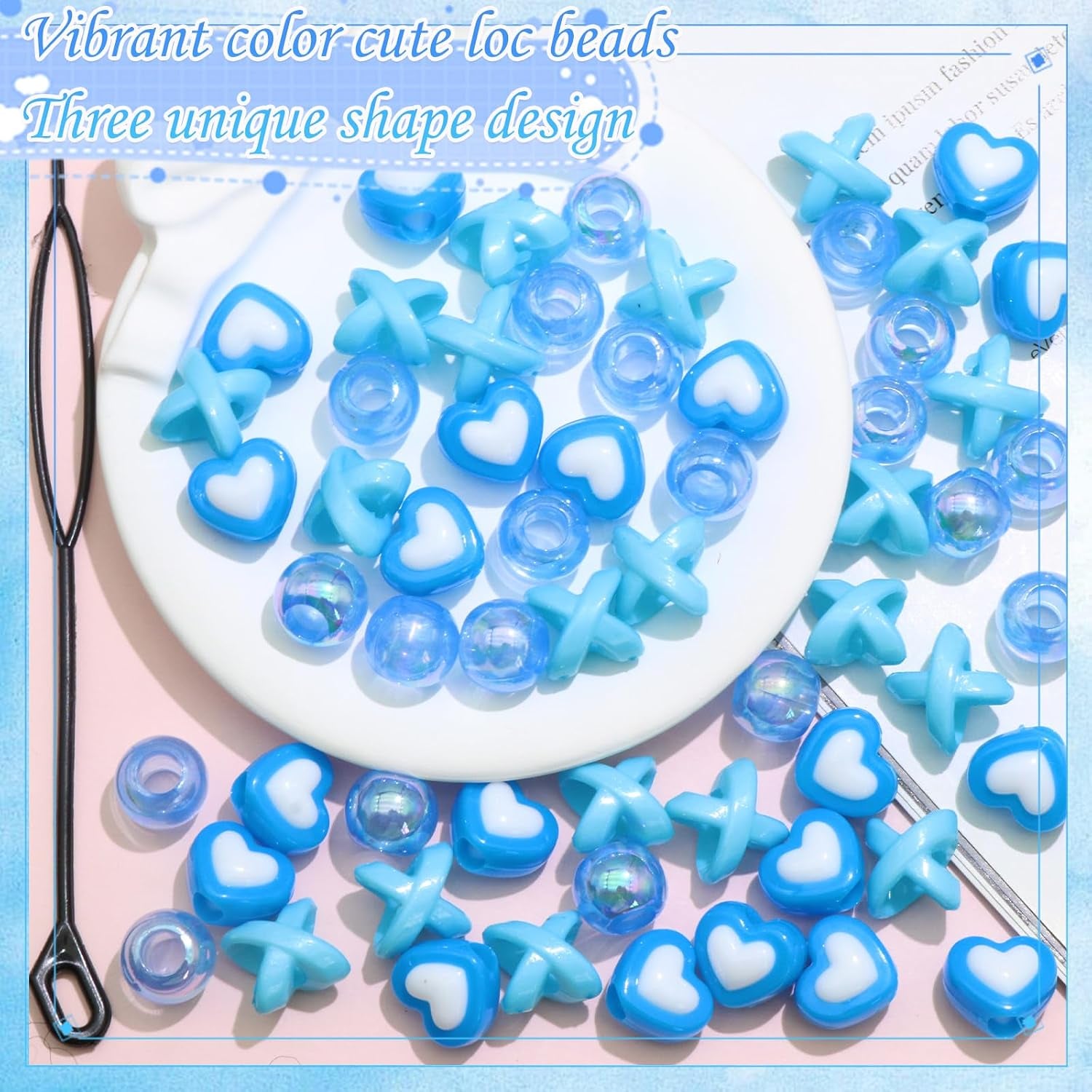 60PCS Blue Hair Beads for Braids 3 Styles Loc Bead Cute Hair Jewelry Heart Shape AB Color round Beads Hair Decoration Accessories