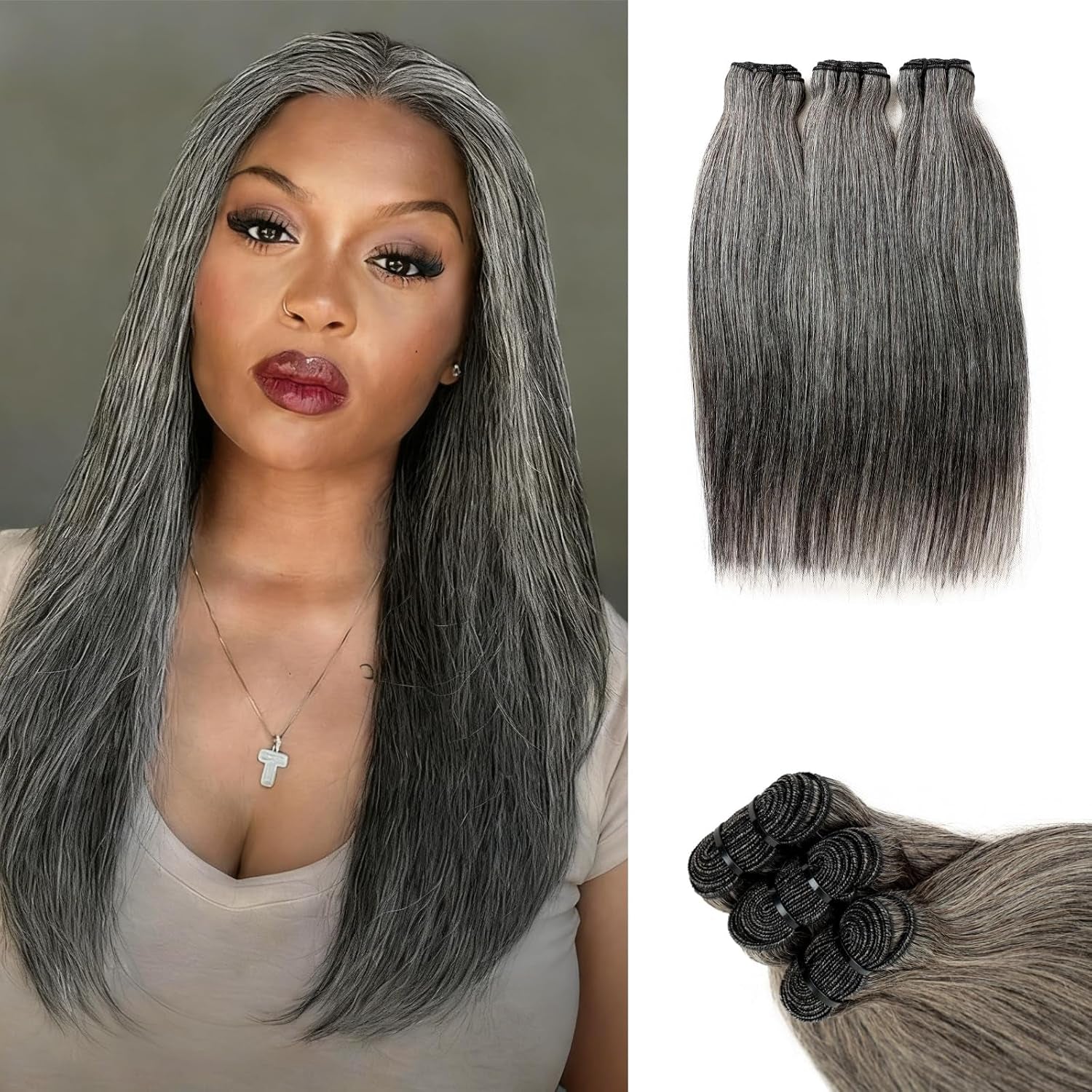 Salt & Pepper Straight Human Hair Bundles – 12" 12A Brazilian Unprocessed Hair, 3-Bundle Set, Natural Gray & White
