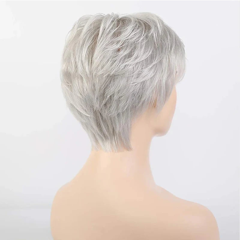 Short Grey Wigs for White Women Mixed Gray Silver Curly Wigs with Bangs Grandma Synthetic Short Hair Wigs