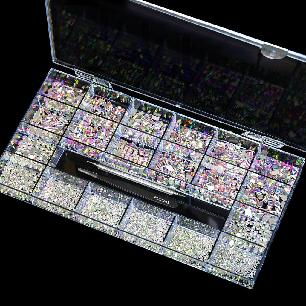 Variety Pack of 12 Crystal AB Diamond Shapes and 2500 Flat Rhinestones for DIY Crafts - Includes 20 Styles of Flatback Stones, Tweezers, and Drill Pen