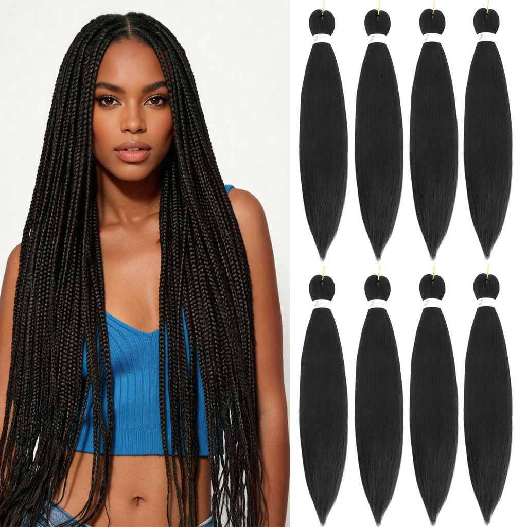 Braiding Hair Pre Stretched 24 Inch 8 Packs Synthetic Hair Extensions #1B | Pre Stretched Braiding Hair for Twist or Box Crochet Braids, Hot Water Setting, No Tangle, Soft Yaki Texture, #Natural Black