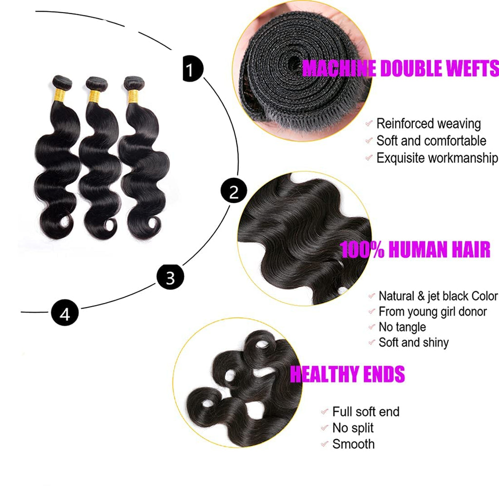 Body Wave Human Hair Bundles Unprocessed Brazilian Virgin Hair Bundles Natural Color Human Hair Quick Weave Hair Extension, 20 22 24