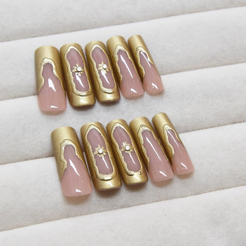 Nails Press on Long Square Fake Nails Gold Glue on 3D Texture Chrome Acrylic False Nails Y2K Star Stick on 24Pcs Manicure Handmade Artificial