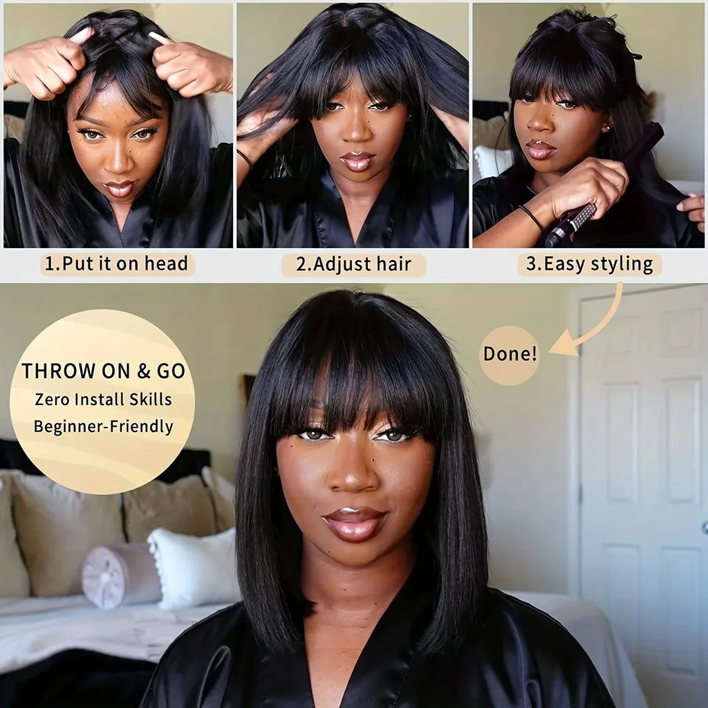 Bone Straight Short Bob Wig with Bangs Brazilian Glueless Wig Remy Hair 3X1 Lace Middle Part Wig Human Hair for Black Women