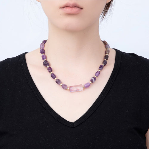 16K Gold Filled 12.5mm Amethyst Rectangle Gemstone Chain 19 Inch Necklace w. Dual Push Gate | WA-00570