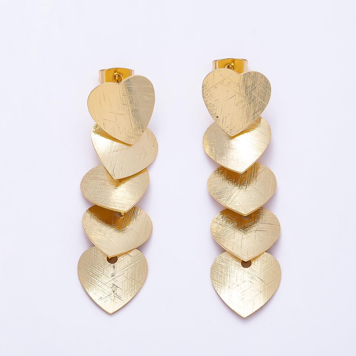16K Gold Filled 50mm Multiple Line-Textured Heart Drop Stud Earrings | Earrings-00725