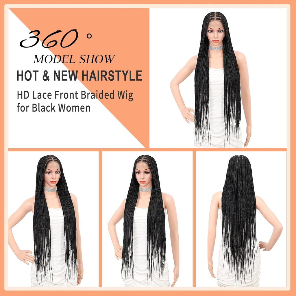 Brinbea Knotless Braided Wigs for Women Box Braid Wig Braided Lace Front Wigs 13X8 HD Lace Front Braided Wigs with Baby Hair Premium Synthetic Braid Wig Natural Long Black 36''