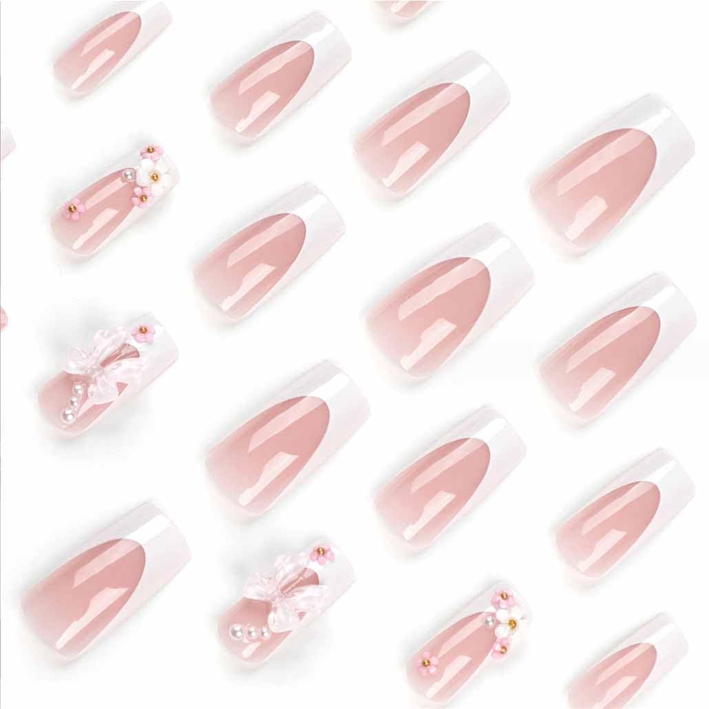Press on Nails Medium Long Rhinestone Pink Fake Nails Square Bling Glossy 3D False Nail Tips Artificial Nails Finger Manicure for Women and Girls-24Pcs