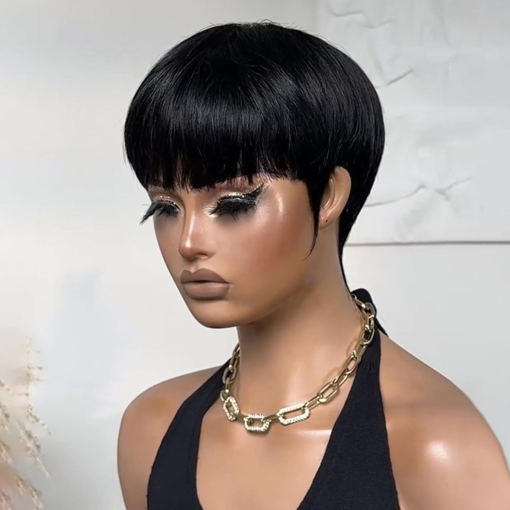 Short Wigs Pixie Cut Wig for Black Women Human Hair Natural Black Straight Human Hair Wig with Bangs Short Layered Wave Glueless No Lace Front Full Machine Made Bob Wig