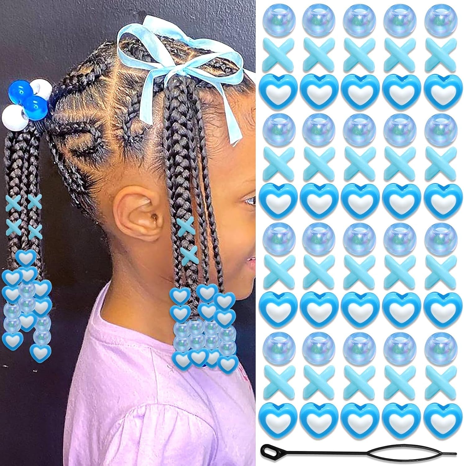 60PCS Blue Hair Beads for Braids 3 Styles Loc Bead Cute Hair Jewelry Heart Shape AB Color round Beads Hair Decoration Accessories