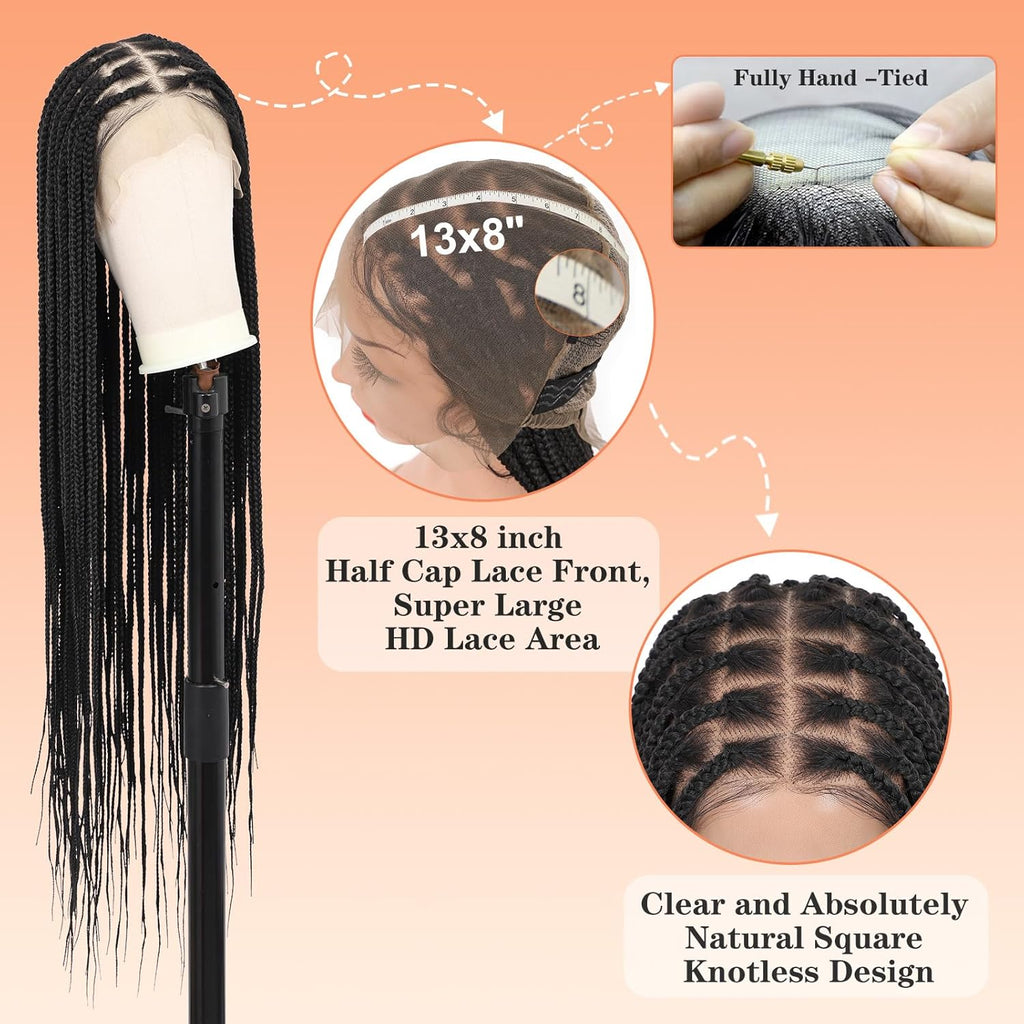 Brinbea Knotless Braided Wigs for Women Box Braid Wig Braided Lace Front Wigs 13X8 HD Lace Front Braided Wigs with Baby Hair Premium Synthetic Braid Wig Natural Long Black 36''