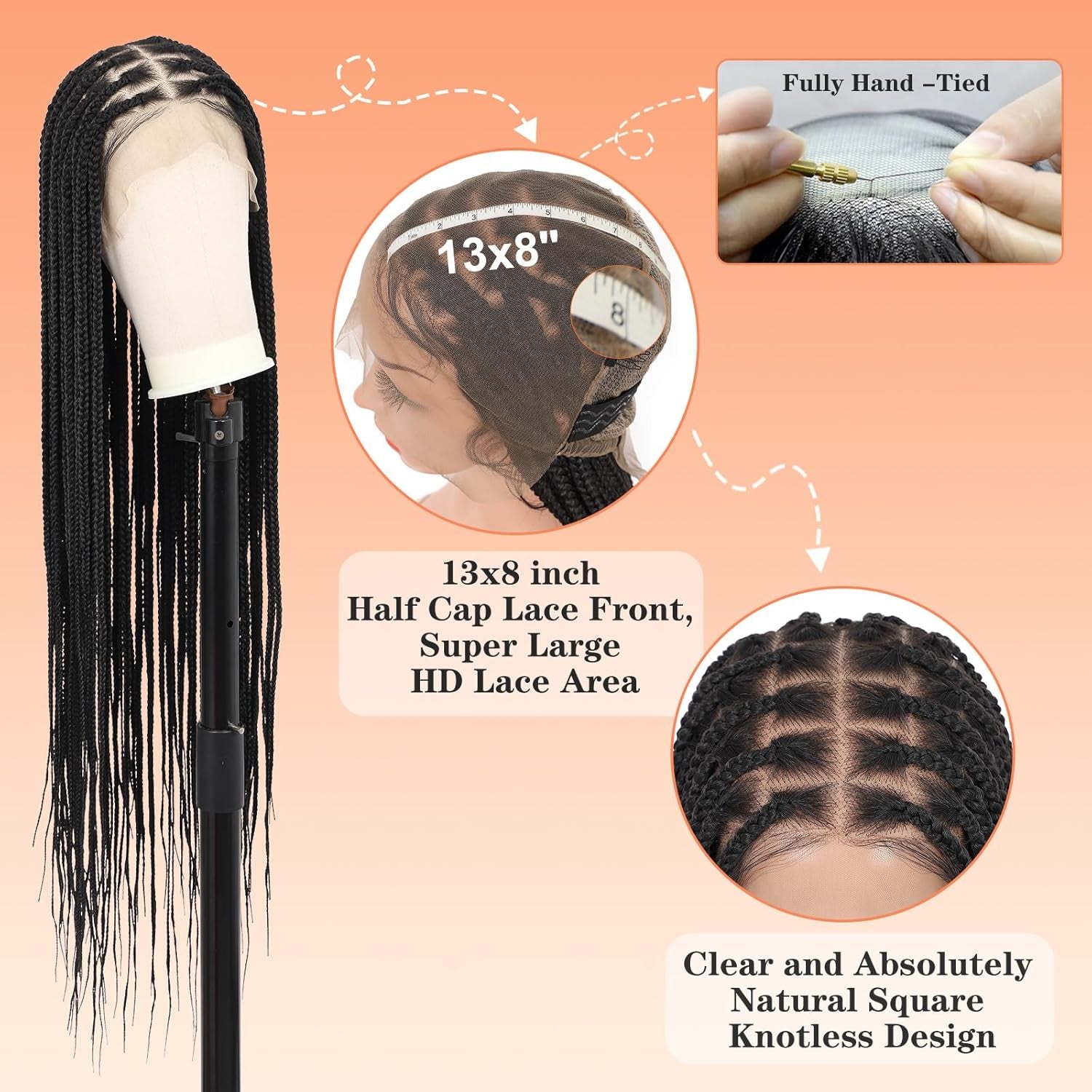 Brinbea Knotless Braided Wigs for Women Box Braid Wig Braided Lace Front Wigs 13X8 HD Lace Front Braided Wigs with Baby Hair Premium Synthetic Braid Wig Natural Long Black 36''