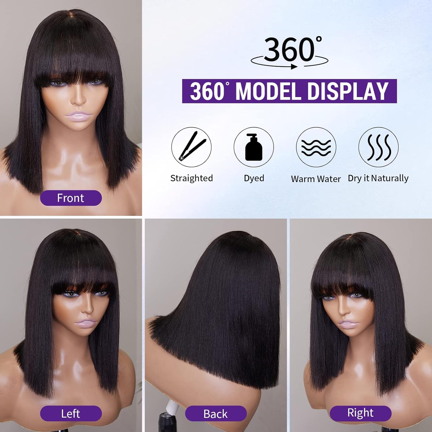 10 Inch Short Black Straight Bang Wig with Minimalist 2X1 Lace Scalp for Women Low Tension Design for Daily Wear Glueless Protective Wig for Natural Hair & Edges