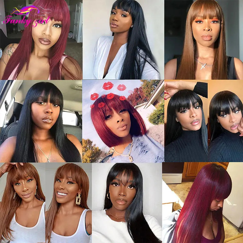 Straight Short Bob Human Hair Wigs with Bangs Natural Color Brazilian Human Hair Wigs Machine Made Wig for Women U Part Wigs