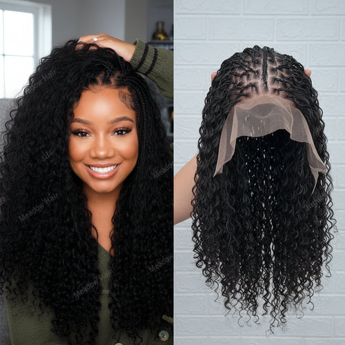 Boho Box Braids Wig Brazilian Virgin Full Lace Human Hair Wigs Transparent Lace Glueless Square Parted Boho Braided Wigs Human Hair Knotless Pre Plucked Glueless for Black Women 24Inch