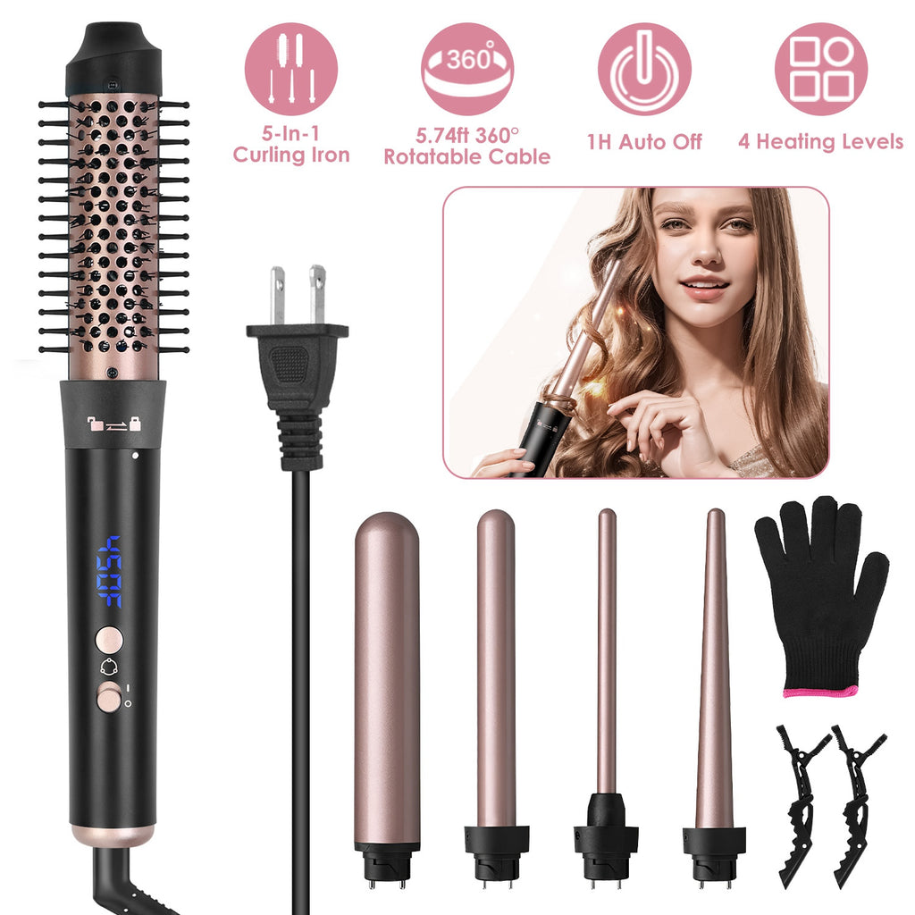 2 Type Options--1Pc 5 In 1 Curling Wand Hair Curling Iron Brush Anti-Tangle Hair Thermal Brush Curler - Anaya Beauty