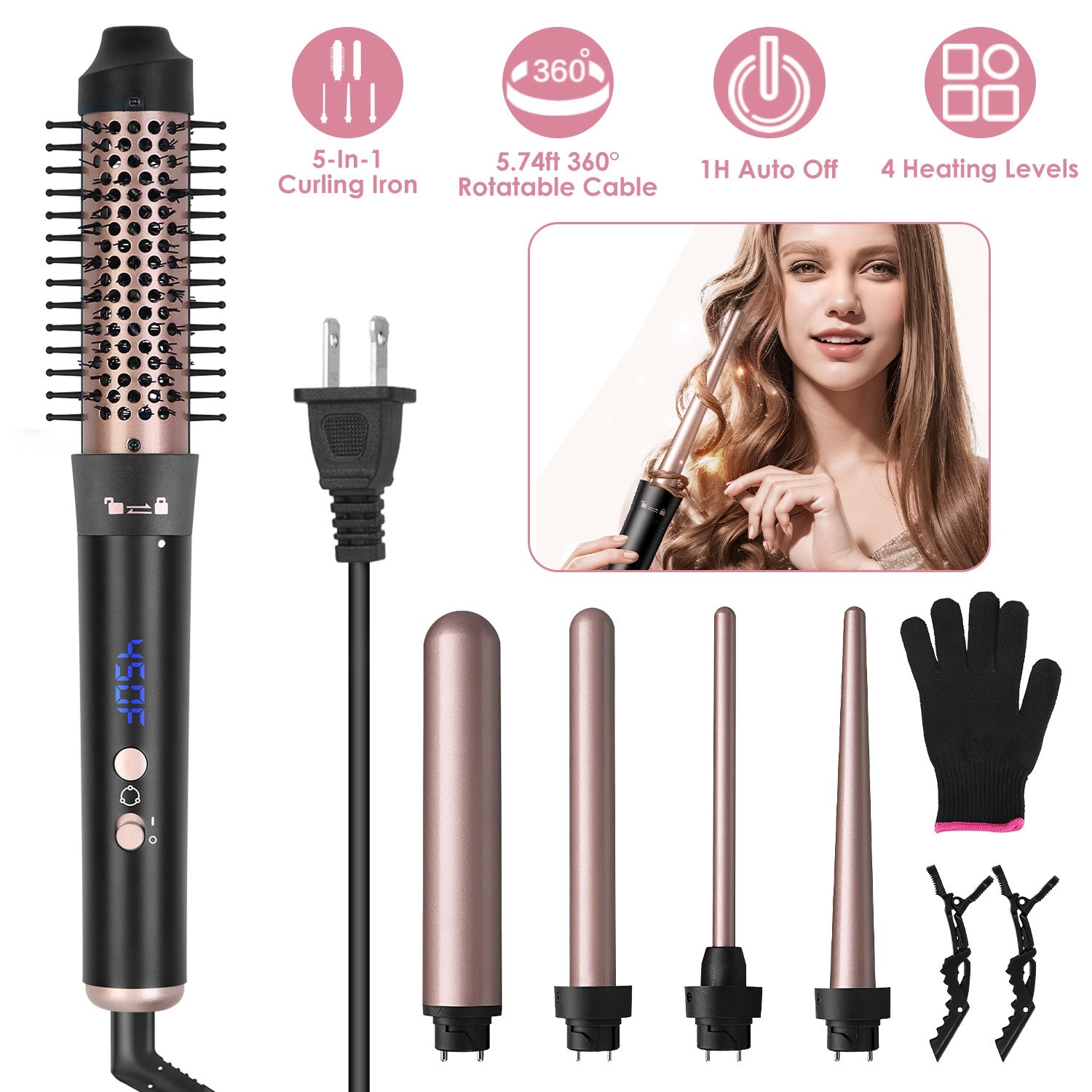 2 Type Options--1Pc 5 In 1 Curling Wand Hair Curling Iron Brush Anti-Tangle Hair Thermal Brush Curler - Anaya Beauty