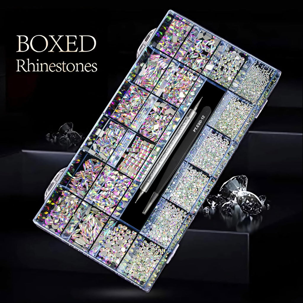 Variety Pack of 12 Crystal AB Diamond Shapes and 2500 Flat Rhinestones for DIY Crafts - Includes 20 Styles of Flatback Stones, Tweezers, and Drill Pen