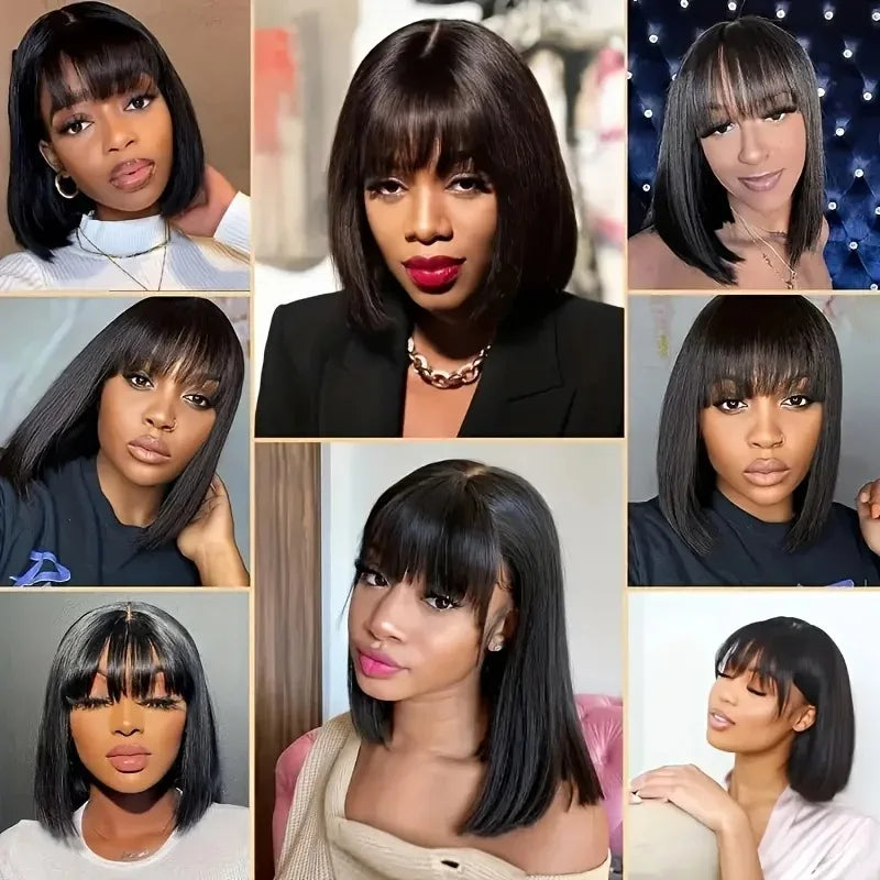 Bone Straight Short Bob Wig with Bangs Brazilian Glueless Wig Remy Hair 3X1 Lace Middle Part Wig Human Hair for Black Women