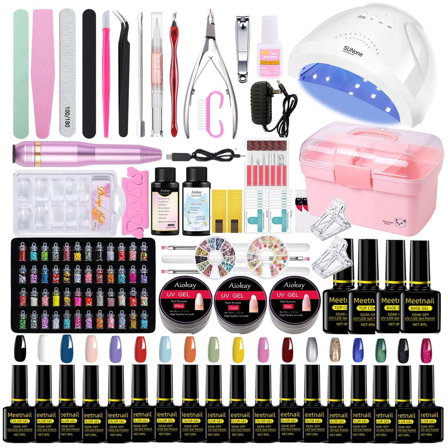 Complete Nail Studio Set with 48W UV LED Lamp, 22Pcs Nail Polish with Base Coat and Top Coat, 3 Colors Extension Poly Nail Gel Set，Nail Drill & More,Professional Manicure Tool for Home DIY Salon