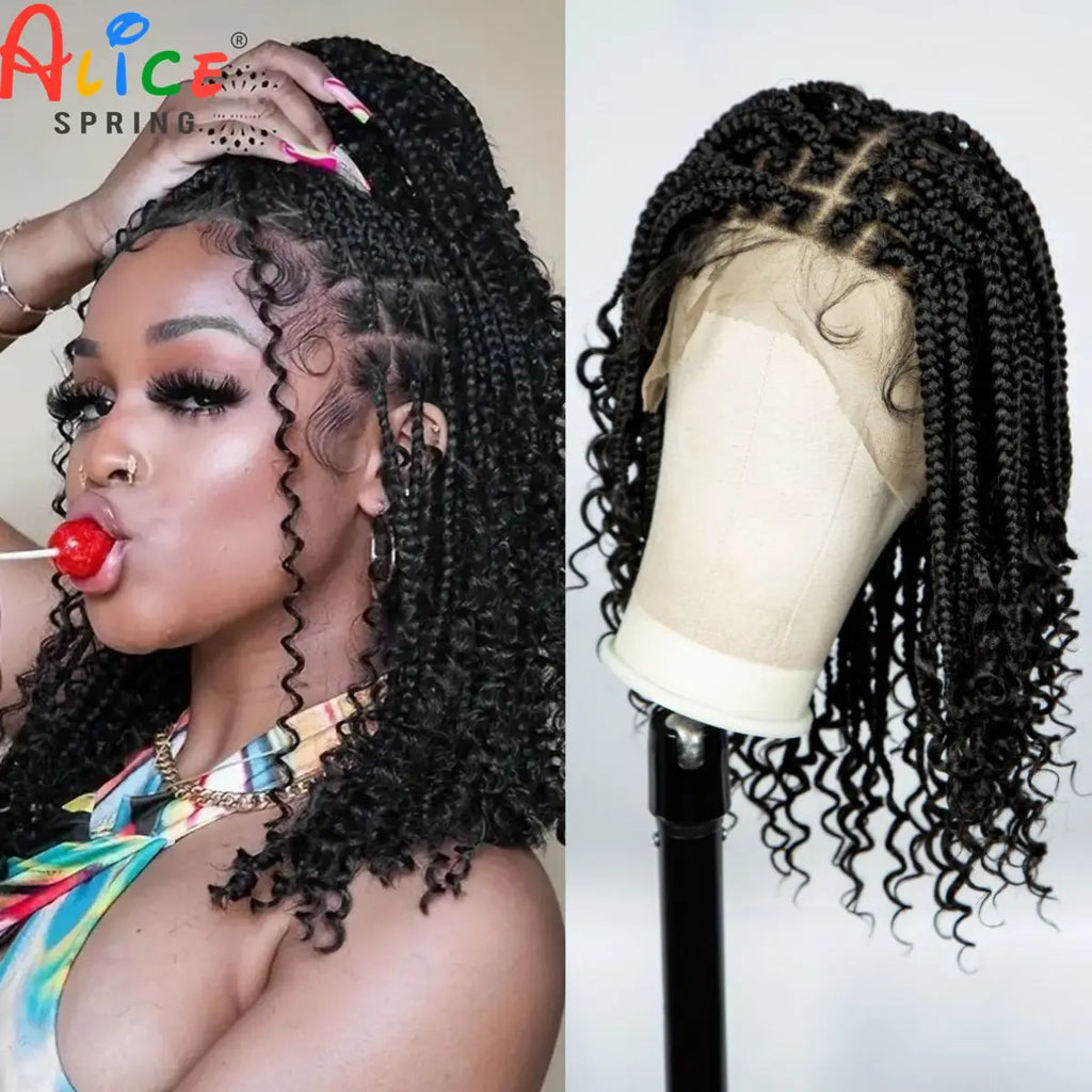Knotless Box Braided Wigs with Curly Ends Synthetic Full Lace Braided Lace Wigs Short Boho Braided Bob Wigs for Black Women