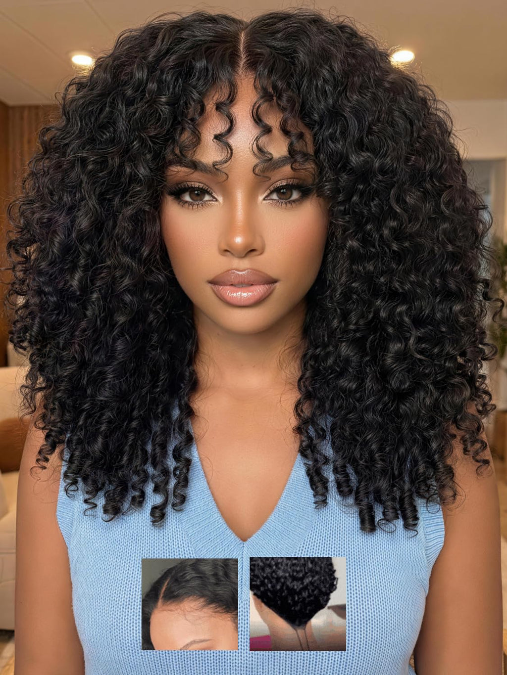 Burmese Curly Glueless Wigs Human Hair with Finger Coil 16” | No Slip Drawstring Wig 7X5 Bye Bye Knots Lace Closure for Women Beginners Pre Cut/Plucked/Bleached Ready to Go Natural Black