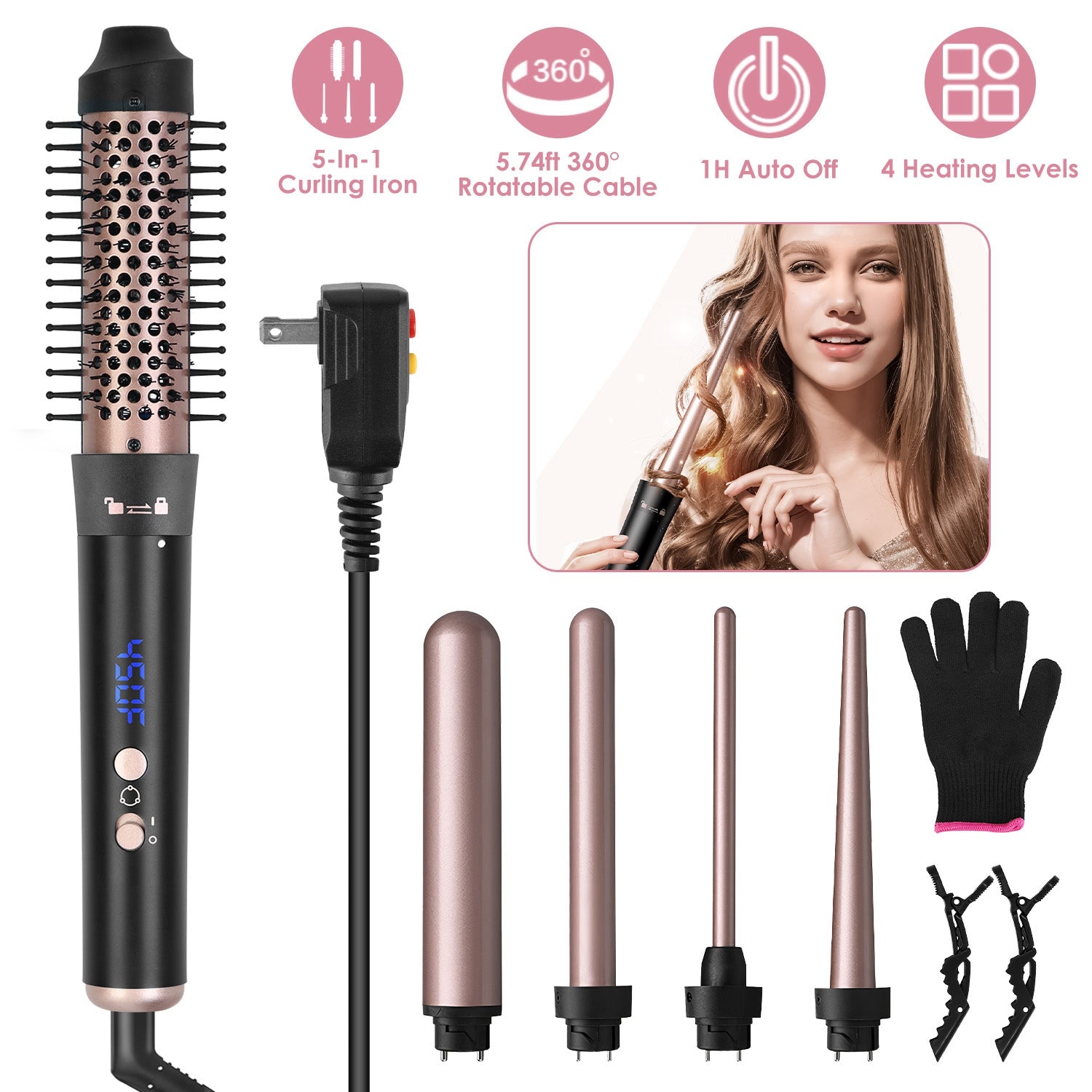 2 Type Options--1Pc 5 In 1 Curling Wand Hair Curling Iron Brush Anti-Tangle Hair Thermal Brush Curler - Anaya Beauty