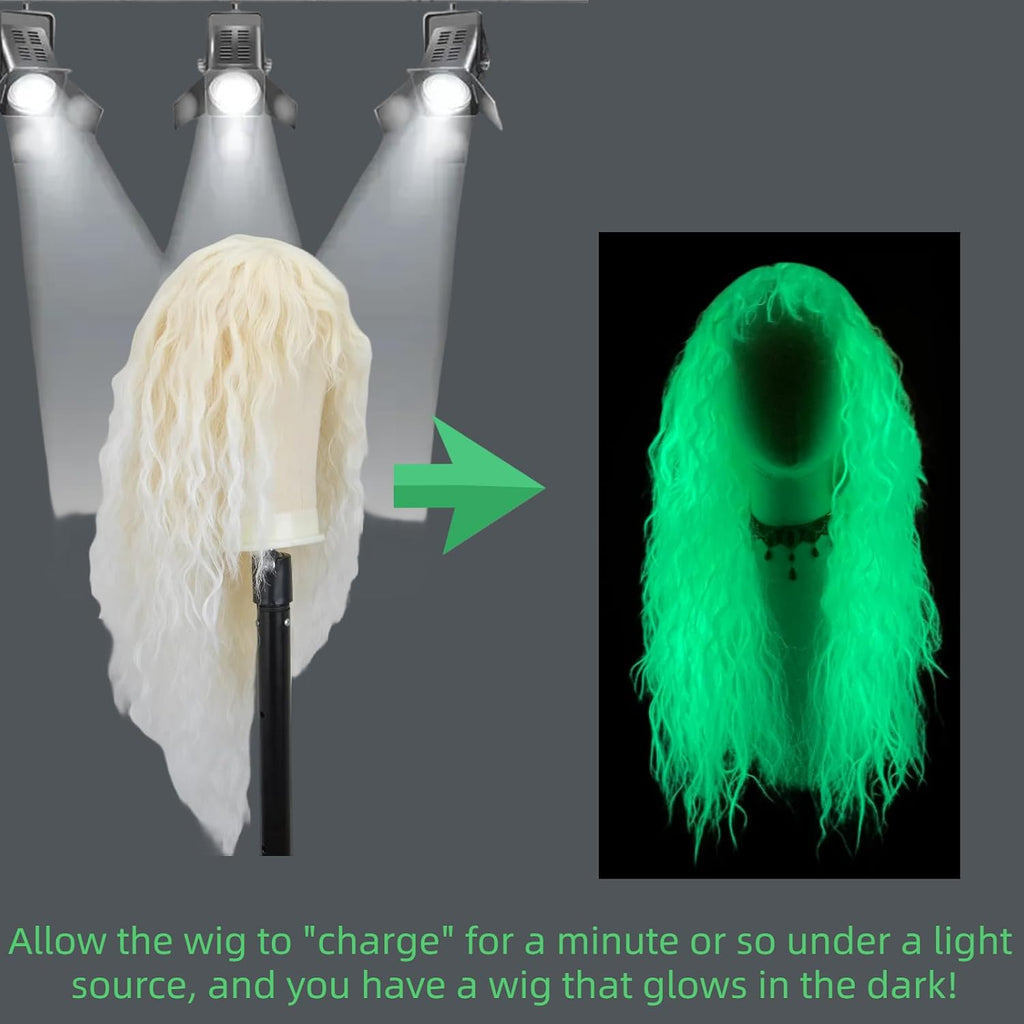 Glow-in-the-Dark 26-Inch Wavy Ombre Blonde Wig with Bangs for Women - Synthetic Heat-Resistant Fiber for Party and Cosplay Use