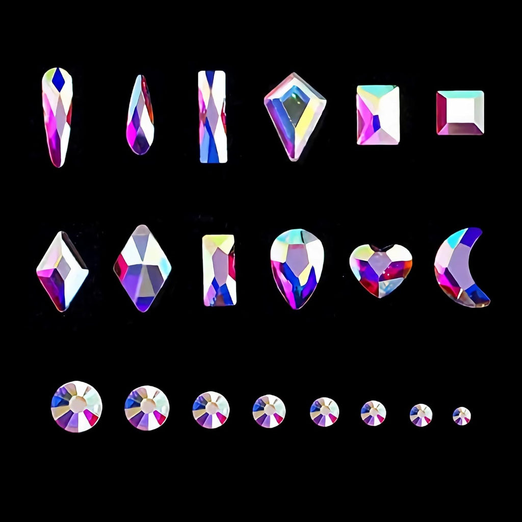 Variety Pack of 12 Crystal AB Diamond Shapes and 2500 Flat Rhinestones for DIY Crafts - Includes 20 Styles of Flatback Stones, Tweezers, and Drill Pen