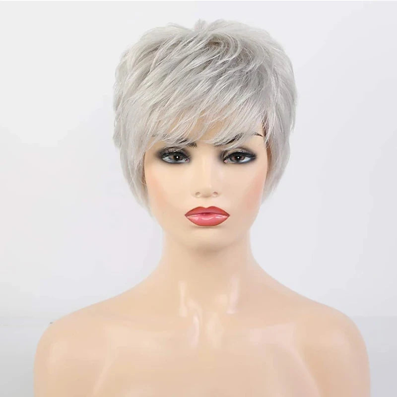 Short Grey Wigs for White Women Mixed Gray Silver Curly Wigs with Bangs Grandma Synthetic Short Hair Wigs