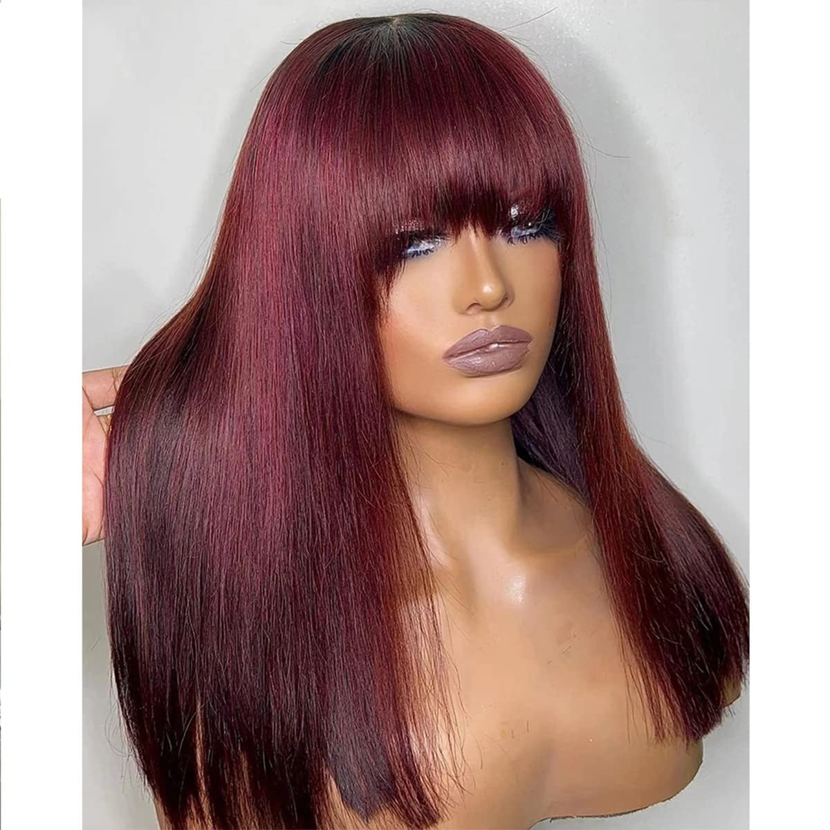 26" Burgundy Human Hair Wig with Bangs – Brazilian Virgin Straight Hair, Full Machine-Made Non-Lace Wig