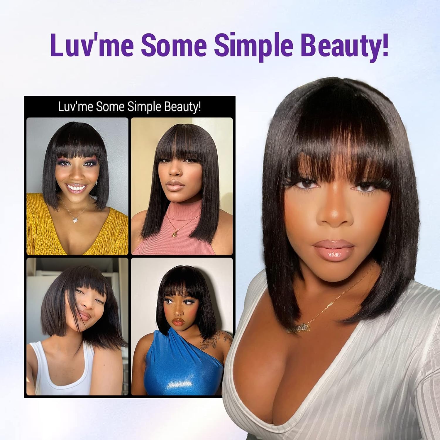 10 Inch Short Black Straight Bang Wig with Minimalist 2X1 Lace Scalp for Women Low Tension Design for Daily Wear Glueless Protective Wig for Natural Hair & Edges