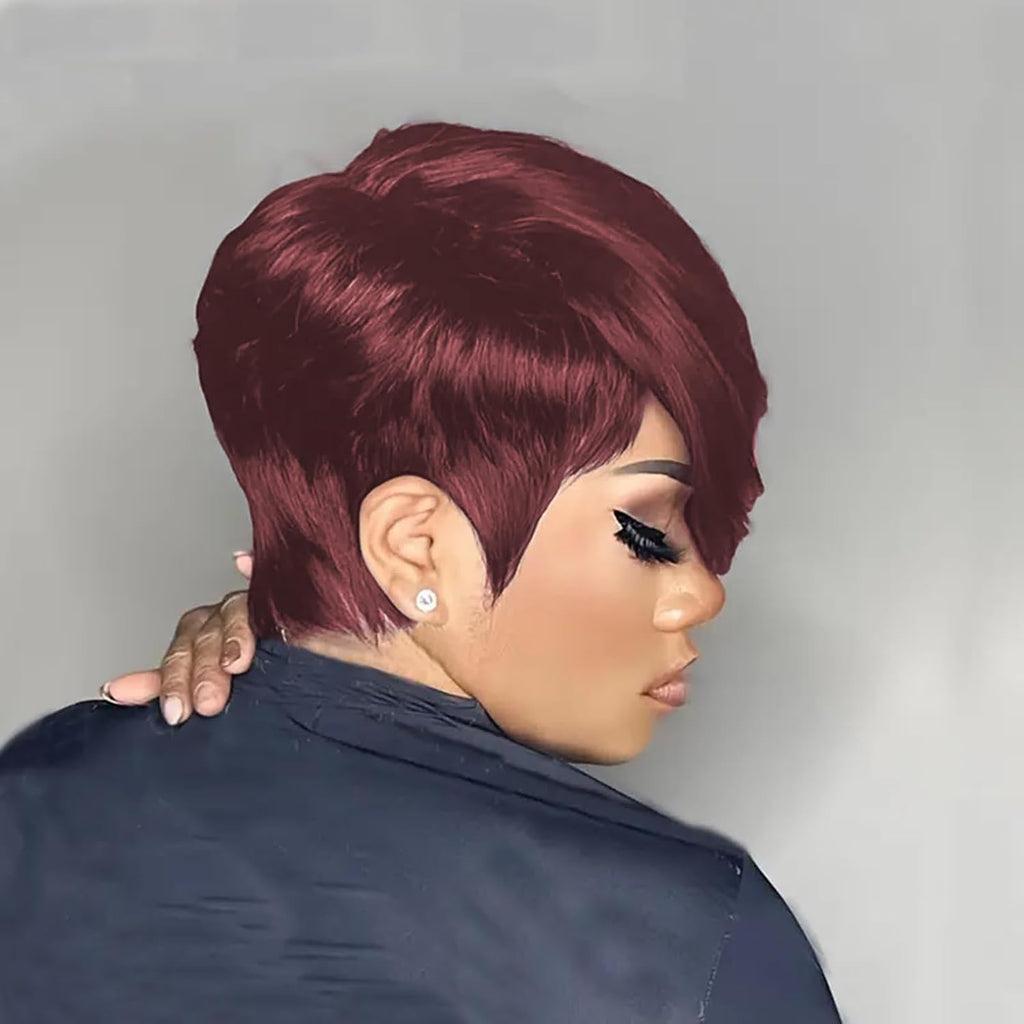 10A Pixie Cut Wigs for Black Women Model Length 99J Burgundy Color Side Part Short Layered Pixie Cut Human Hair Wear and Go Glueless Wigs with Bangs for Daily Use (99J)