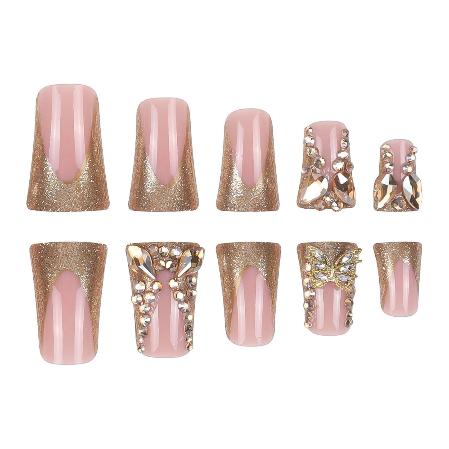 Long Press Duck False Nails Gold Glitter French Tip with Gold 3D Butterfly Designs - Glossy Artificial Nails, Cute Stick Ons for Women - 24Pcs
