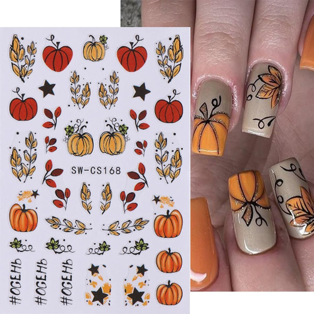 8Sheets Fall Nail Art Stickers Autumn Pumpkins Fallen Leaves 3D Self Adhesive Nail Design Fall Flower Nail Decals Thanksgiving Theme Nail Art Supplies for Women Manicure Decoration