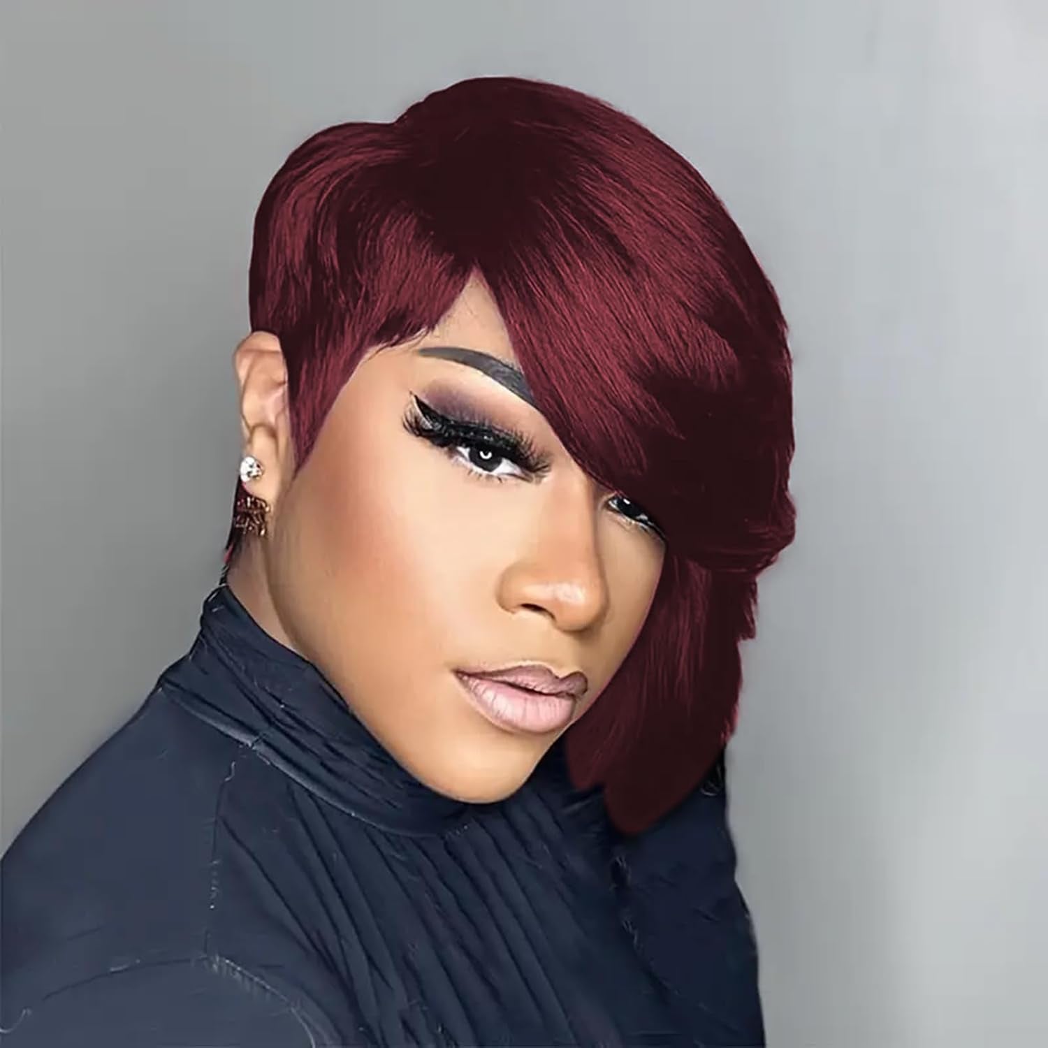 10A Pixie Cut Wigs for Black Women Model Length 99J Burgundy Color Side Part Short Layered Pixie Cut Human Hair Wear and Go Glueless Wigs with Bangs for Daily Use (99J)