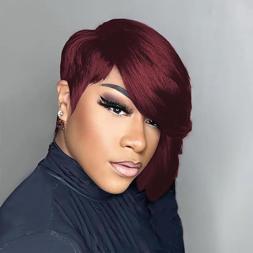 10A Pixie Cut Wigs for Black Women Model Length 99J Burgundy Color Side Part Short Layered Pixie Cut Human Hair Wear and Go Glueless Wigs with Bangs for Daily Use (99J)