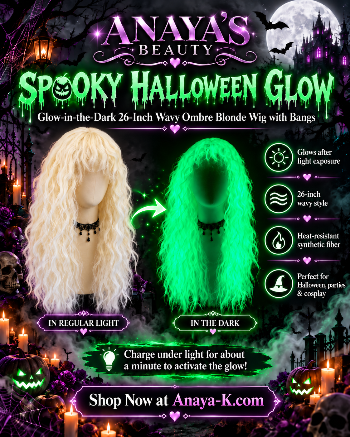 Glow-in-the-Dark 26-Inch Wavy Ombre Blonde Wig with Bangs for Women - Synthetic Heat-Resistant Fiber for Party and Cosplay Use