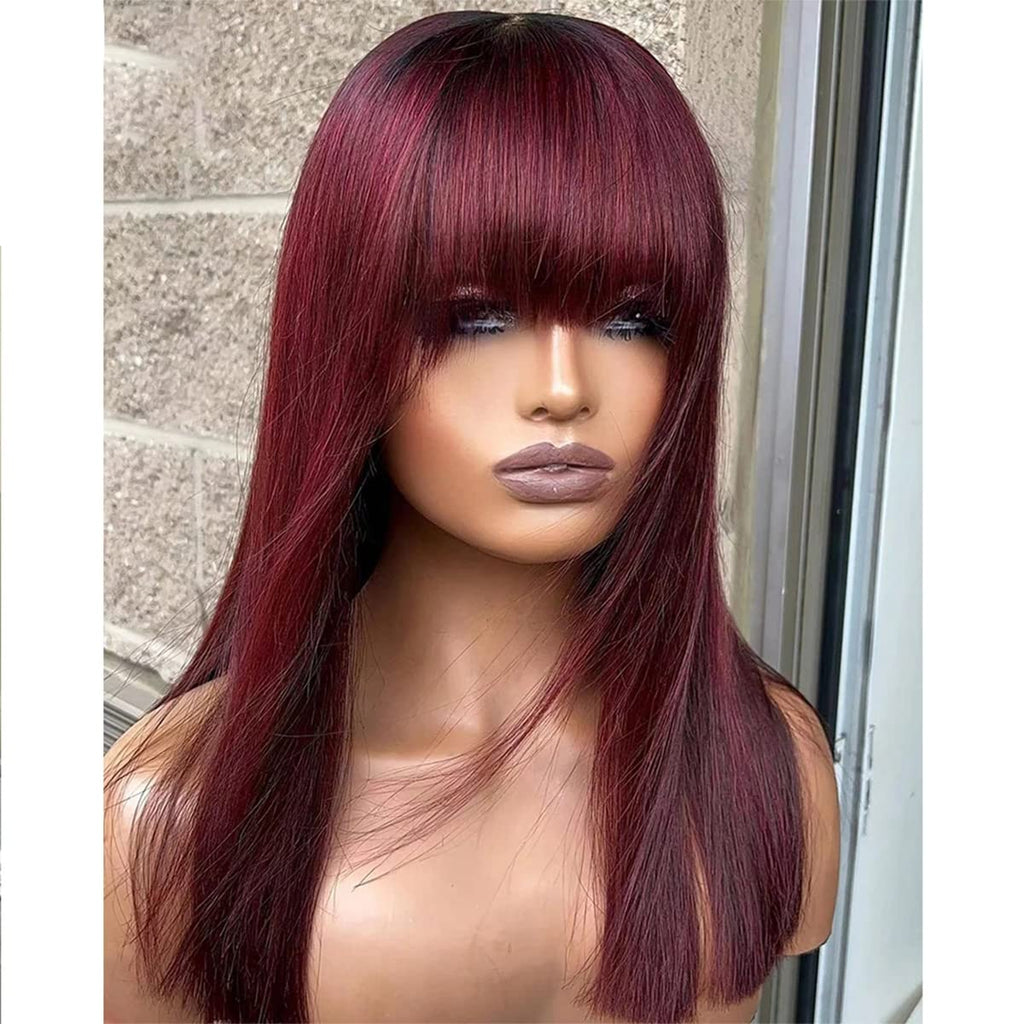 26" Burgundy Human Hair Wig with Bangs – Brazilian Virgin Straight Hair, Full Machine-Made Non-Lace Wig