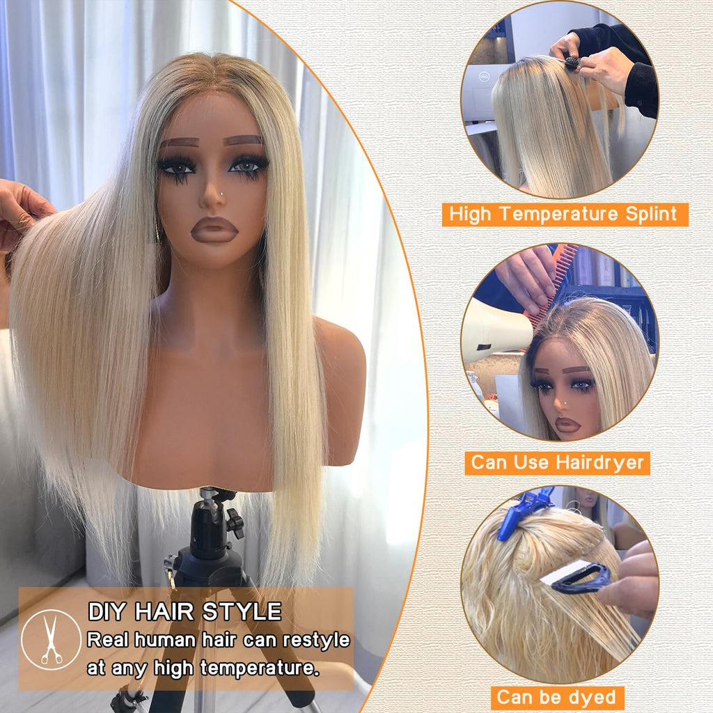 220% Ash Blonde Wig Human Hair Pre Plucked Pre Cut Glueless 13X4 UHD Lace Front Wigs for Women Ombre Highlight Balayage Blonde Real Human Hair with Dark Roots Soft Long Body Wave 22Inch