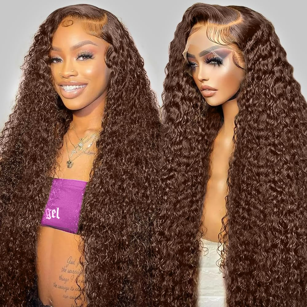 30Inch Chocolate Brown Human Hair Wig 200 Density 13X6 HD Deep Wave Lace Front Wigs Human Hair Colored Deep Curly Lace Frontal Wigs Glueless Wig Brown Wig Wigs for Women