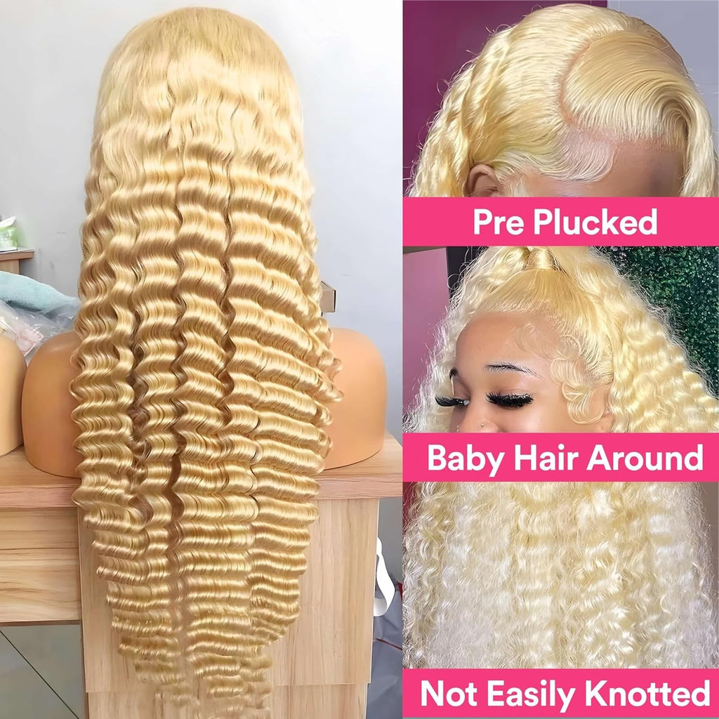 613 13X6 Lace Front Wig Human Hair 30 Inch Blonde Deep Wave Wig 180% Density 613